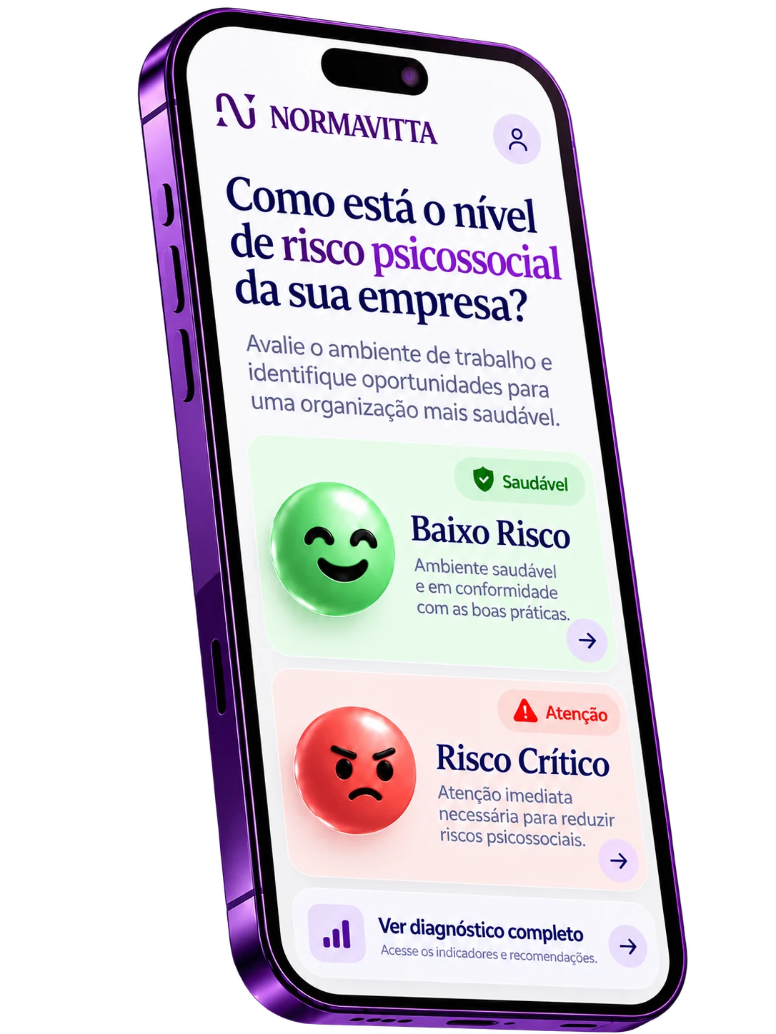Aplicativo Normavitta mostrando os níveis de risco psicossocial